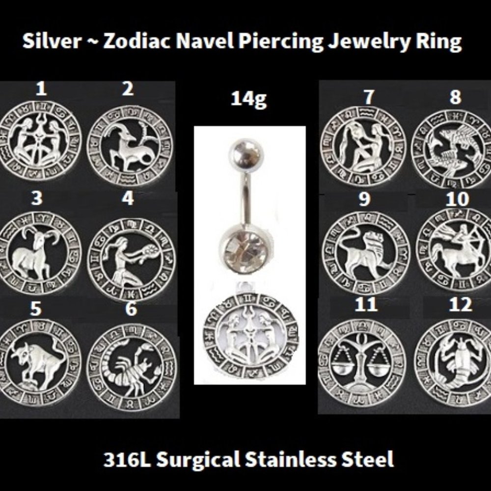 Silver ~ Zodiac Symbol Navel Piercing Jewelry Ring